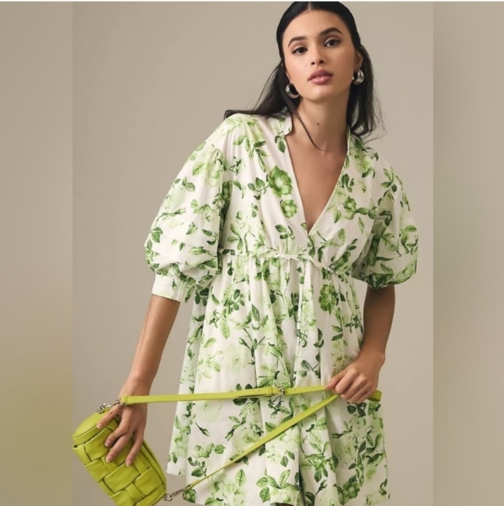 Maeve Anthropologie Green And White Floral Puff Sleeve Tunic Dress-Xxs